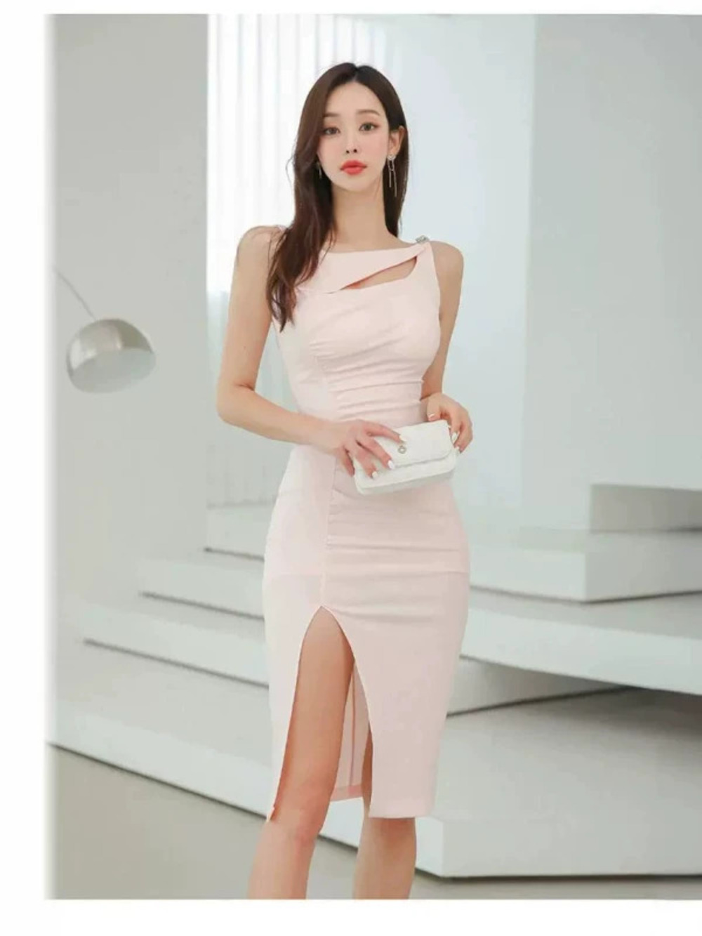 Summer Elegant Round Neck Cutout Pleated Slimming Waist Slit Dress